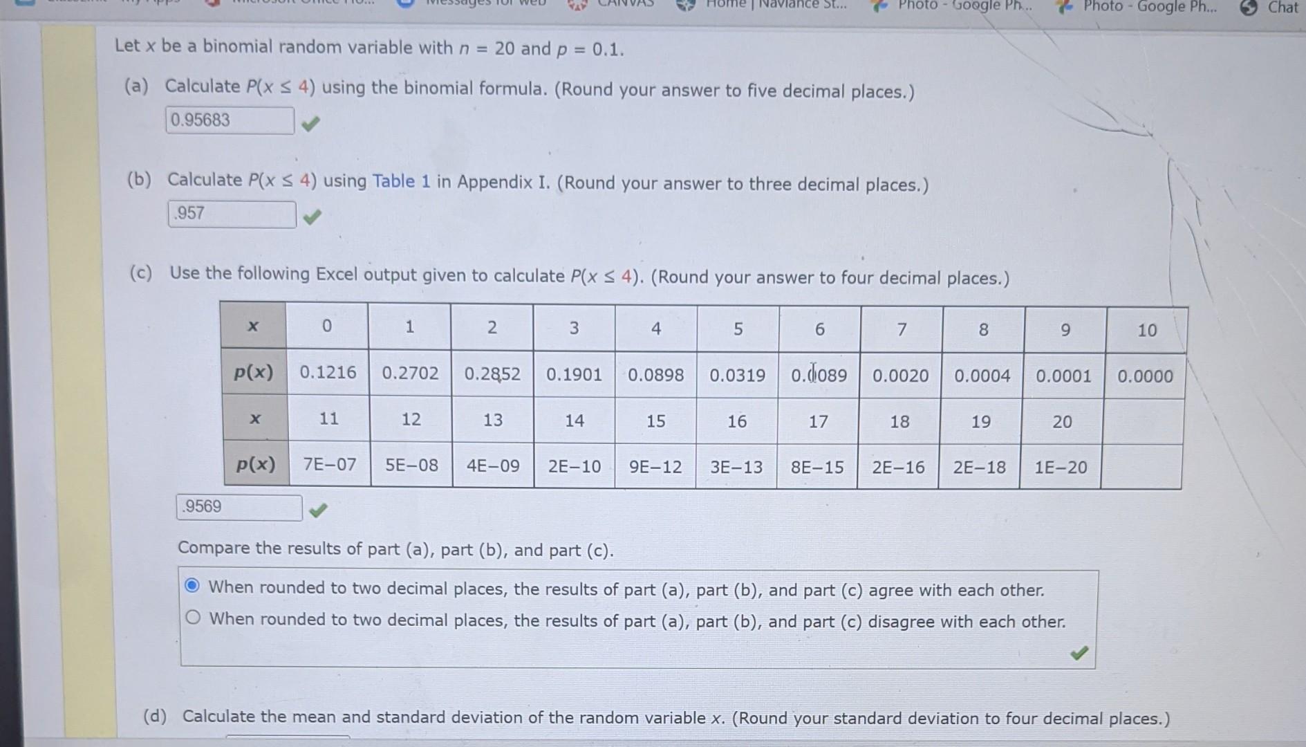 Solved Let X Be A Binomial Random Variable With N=20 And | Chegg.com