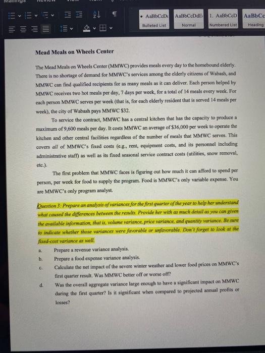 Solved Mead Meals on Wheels Center each The Mead Meals on