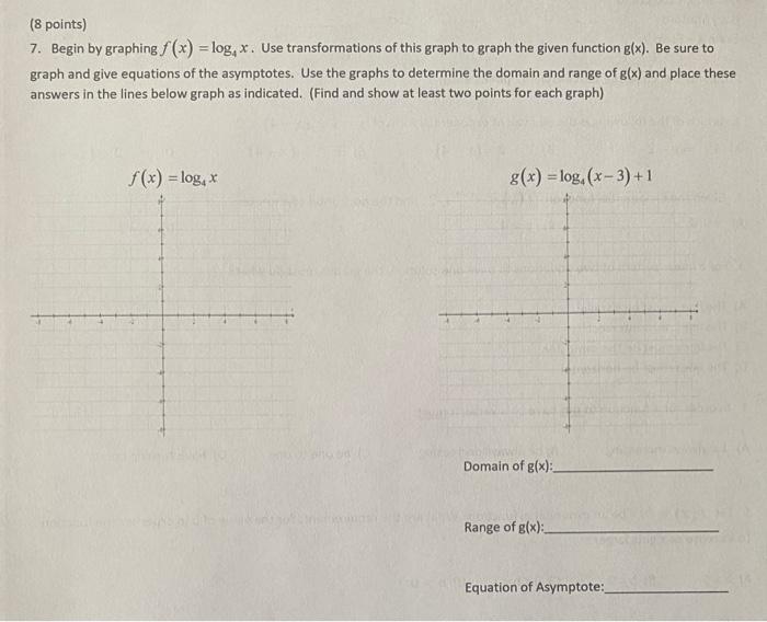 Solved 7. Begin by graphing f(x)=log4x. Use transformations | Chegg.com