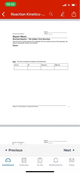 Name Section Report Sheets Reaction Kinetics: The | Chegg.com