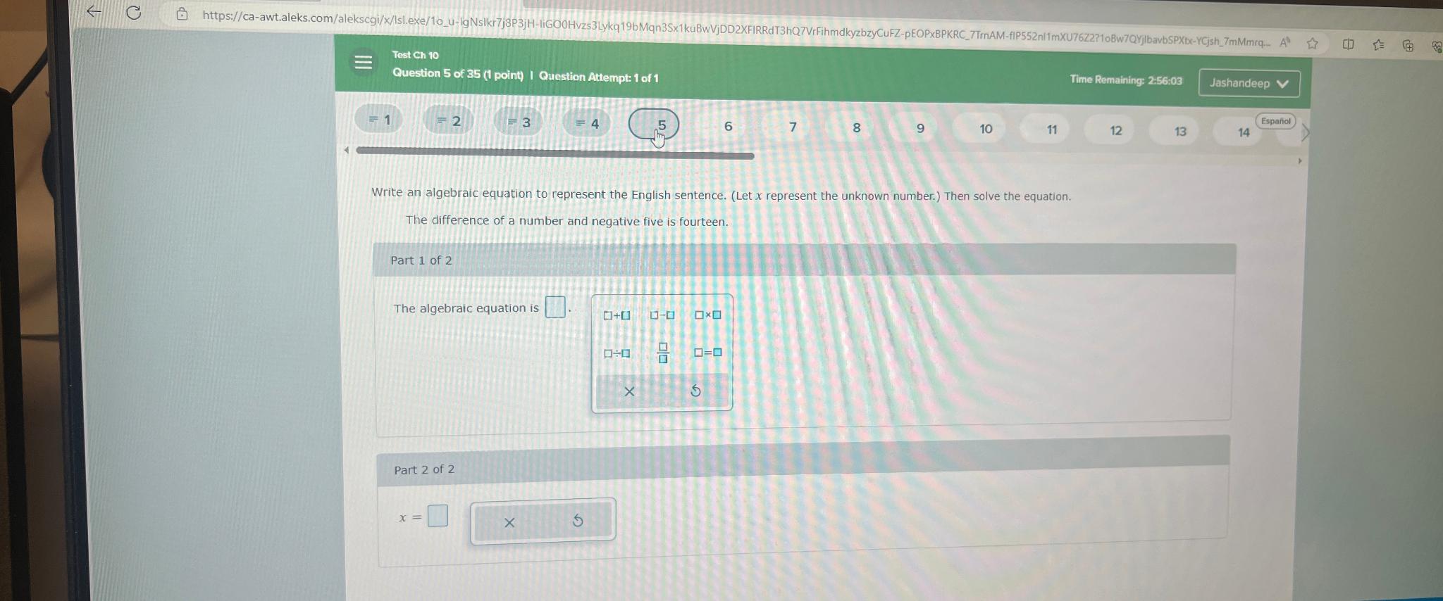 Solved The afference of a number and negative five is