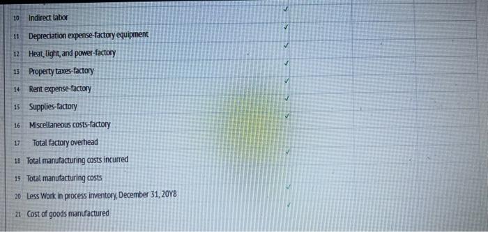 10 Indirect labor
11. Depreciation expensefactory equipment
12 Heat light, and power-factory
13 Property taxes-factory
14 Ren