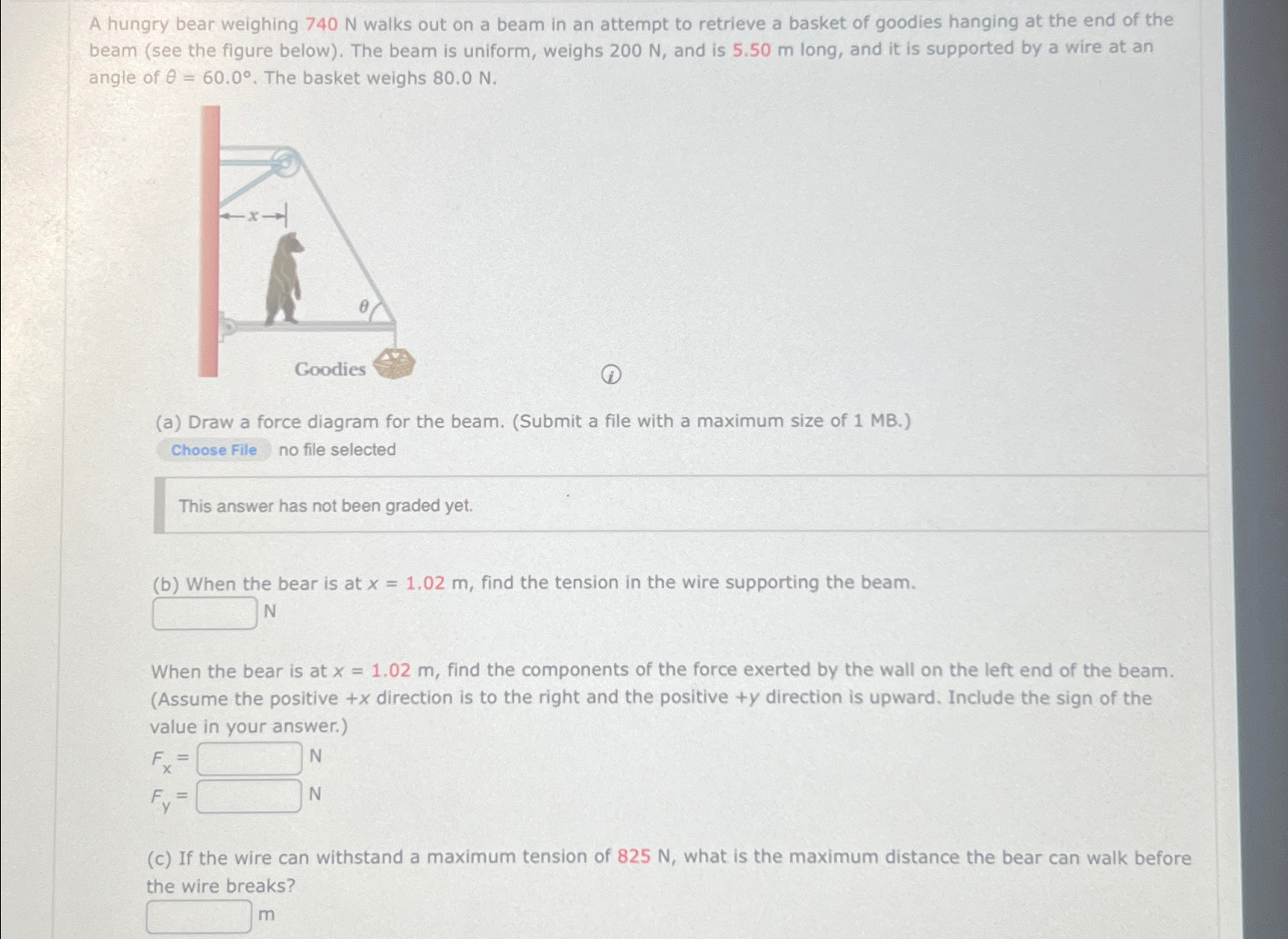 Solved A hungry bear weighing 740N ﻿walks out on a beam in | Chegg.com