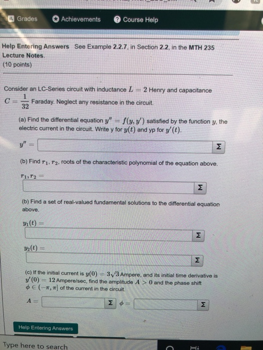 Solved Grades Achievements Course Help Help Entering Answers | Chegg.com