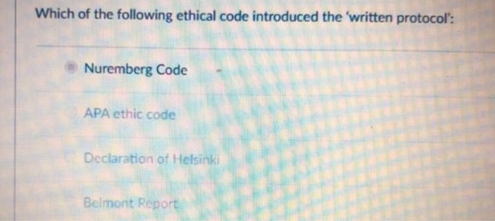 Which of the following ethical code introduced the