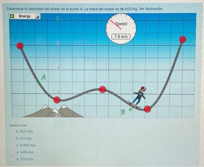 Determine la velocidad del skater en el punto A. La masa del skater es de \( 60.0 \mathrm{~kg} \). Ver ilustración. Select o