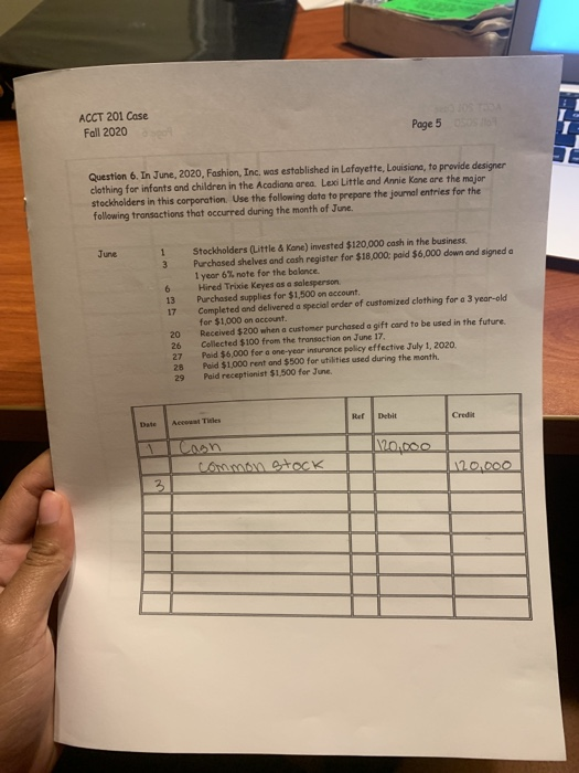 Solved ACCT 201 Case Fall 2020 Page 5 Question 6. In June, | Chegg.com