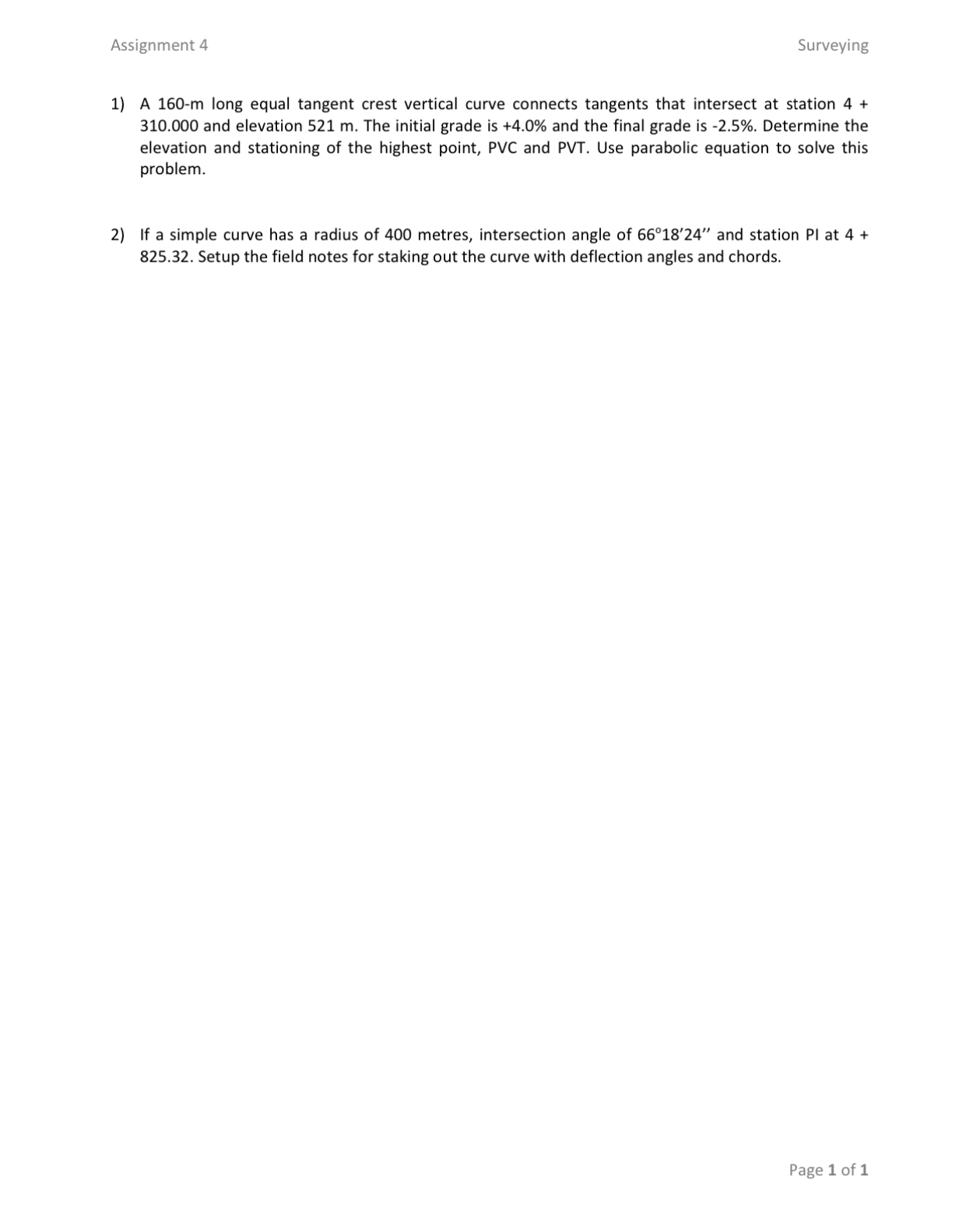 Assignment 4SurveyingA 160-m ﻿long equal tangent | Chegg.com