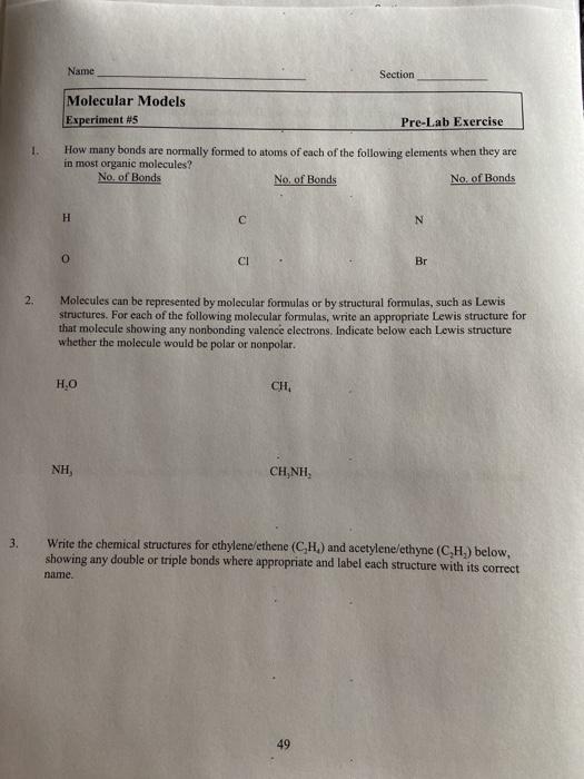 Solved Name Section Molecular Models Experiment #5 Pre-Lab | Chegg.com