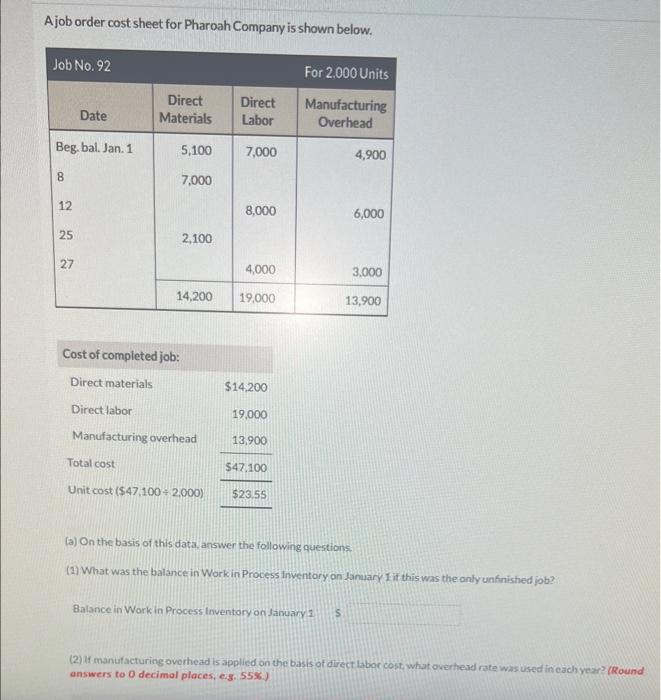 Solved A job order cost sheet for Pharoah Company is shown | Chegg.com