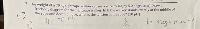 Solved 7. The weight of a 70 kg tightrope walker causes a | Chegg.com