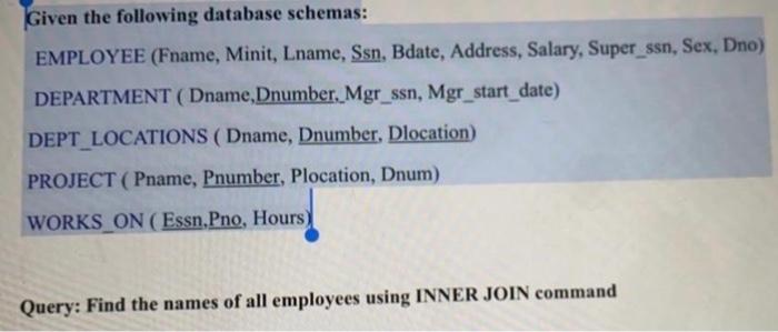 Solved Given the following database schemas: EMPLOYEE | Chegg.com