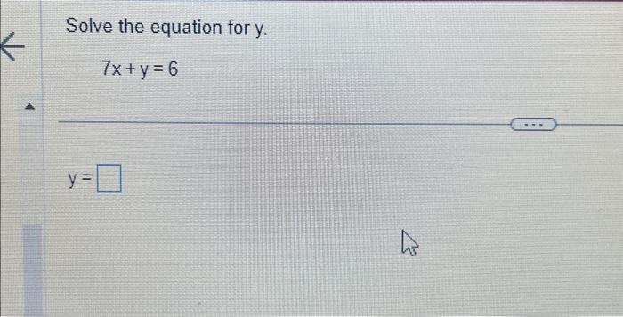 Solve the equation for \( y \). \[ 7 x+y=6 \] \[ y= \]