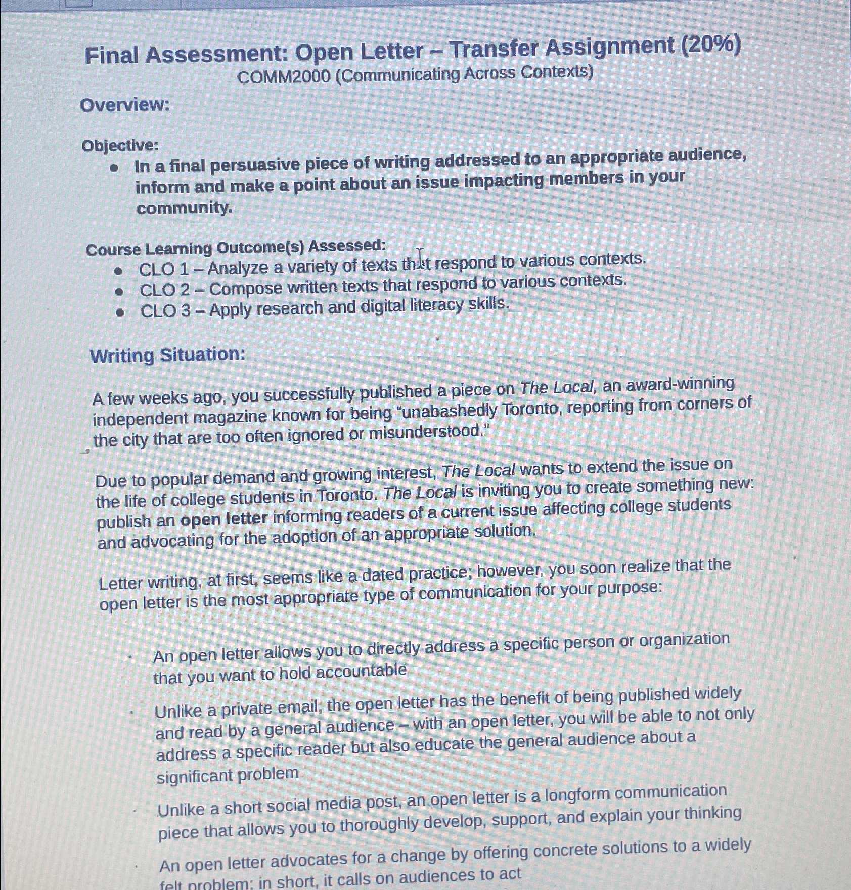 Solved Final Assessment: Open Letter - ﻿Transfer Assignment | Chegg.com