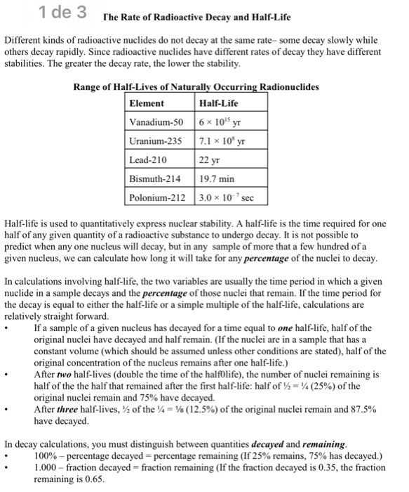 Solved 1 De 3 The Rate Of Radioactive Decay And Half Life Chegg