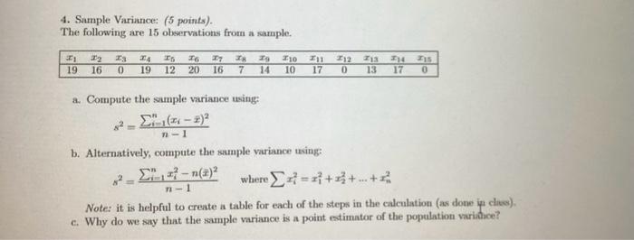 Solved 4. Sample Variance: (5 points). The following are 15 | Chegg.com