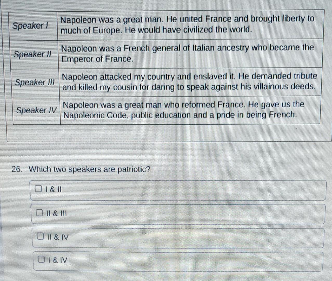 26. Which two speakers are patriotic? I \& II II \& | Chegg.com