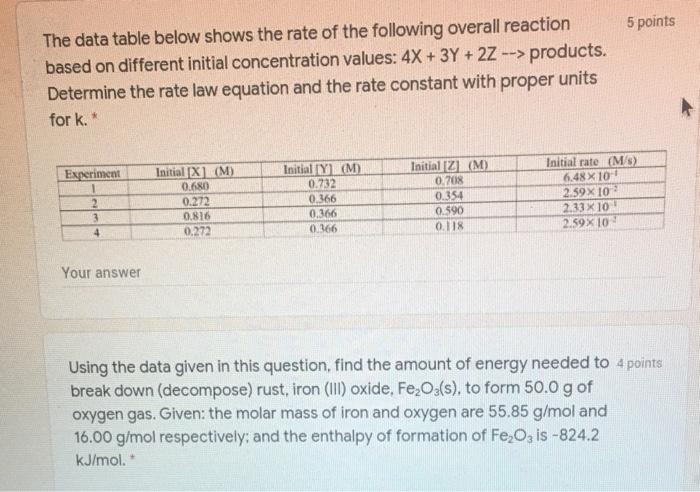5 points The data table below shows the rate of the | Chegg.com