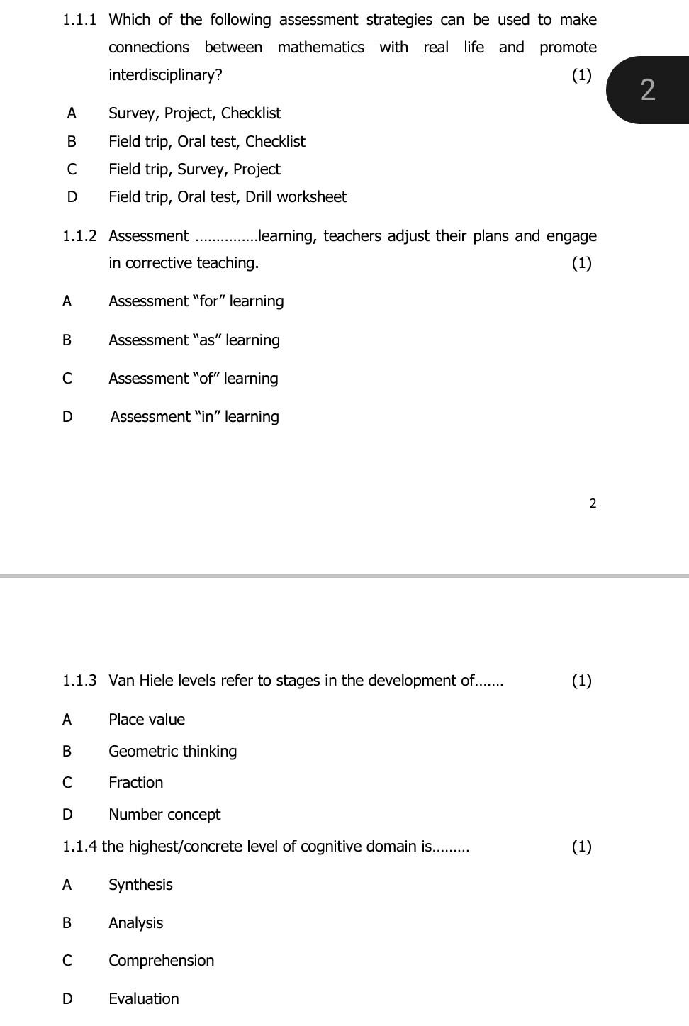 Solved 1.1.1 Which of the following assessment strategies | Chegg.com