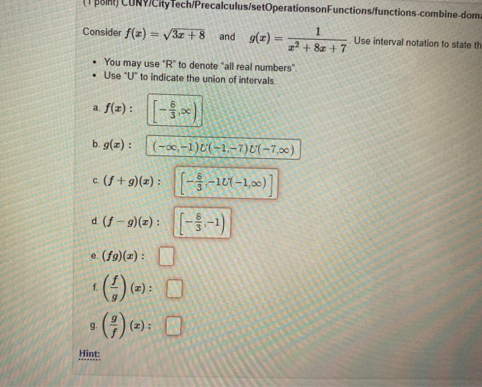 Solved Point City Tech Precalculus Setoperationson Funct Chegg Com