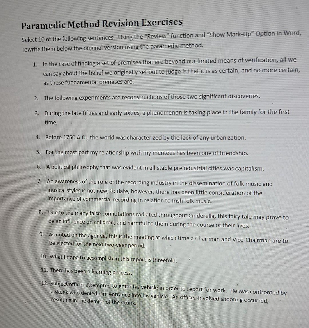 Paramedic Method Revision Exercises Select 10 of the