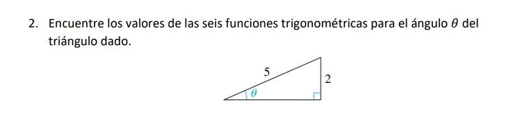 2. Encuentre los valores de las seis funciones trigonométricas para el ángulo \( \theta \) del triángulo dado.