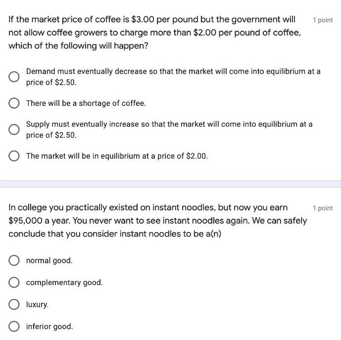 Solved 1 point If the market price of coffee is 3.00 per