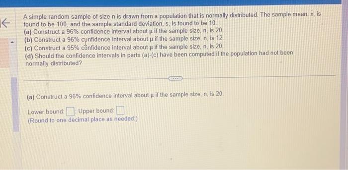 Solved A simple random sample of size n is drawn from a | Chegg.com