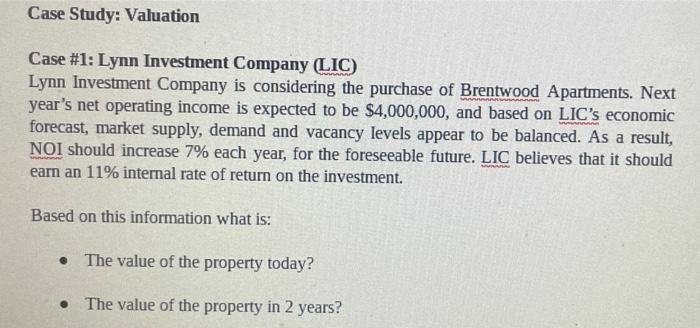 Solved Case Study: Valuation Case #1: Lynn Investment | Chegg.com