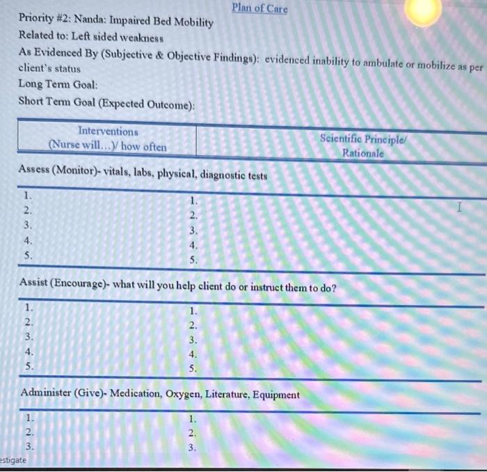 Solved Priority \#2: Nanda: Impaired Bed Mobility Related | Chegg.com