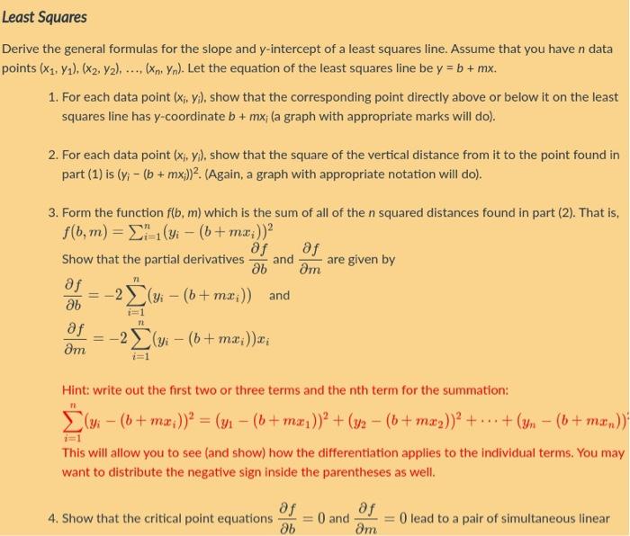 Solved Least Squares Derive the general formulas for the | Chegg.com