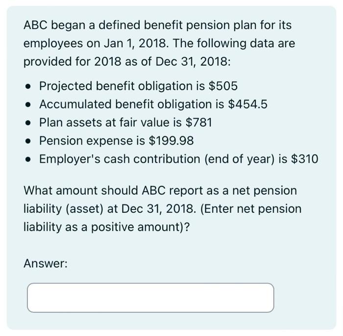 Solved ABC Began A Defined Benefit Pension Plan For Its | Chegg.com