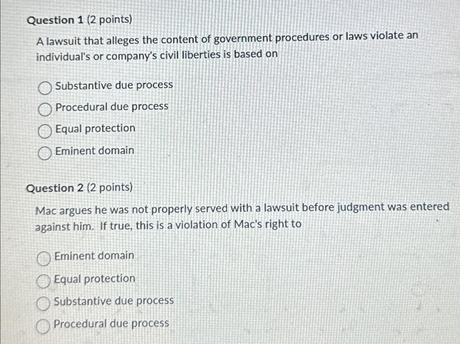 Solved Question 1 (2 ﻿points)A lawsuit that alleges the | Chegg.com