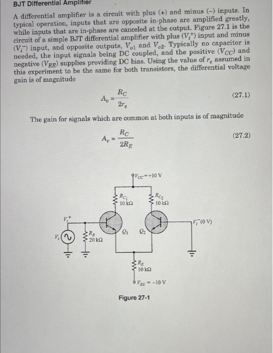 Solved BJT Differential Amplifier A differential amplifier