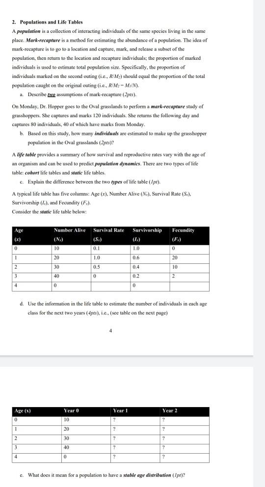 Solved 2. Populations and Life Tables A population is a | Chegg.com