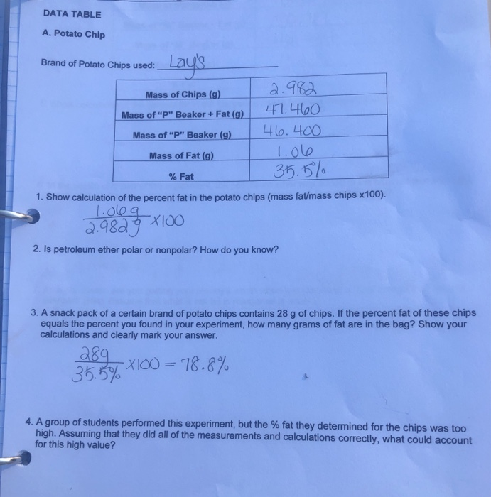 Data Table A Potato Chip Lay S Brand Of Potato Chips Chegg Com