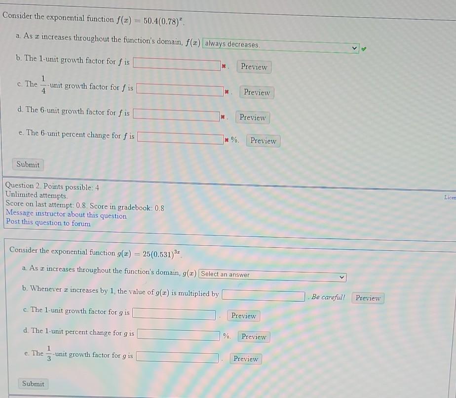 Solved Consider the exponential function f(x) = 50.4(0.78)". | Chegg.com