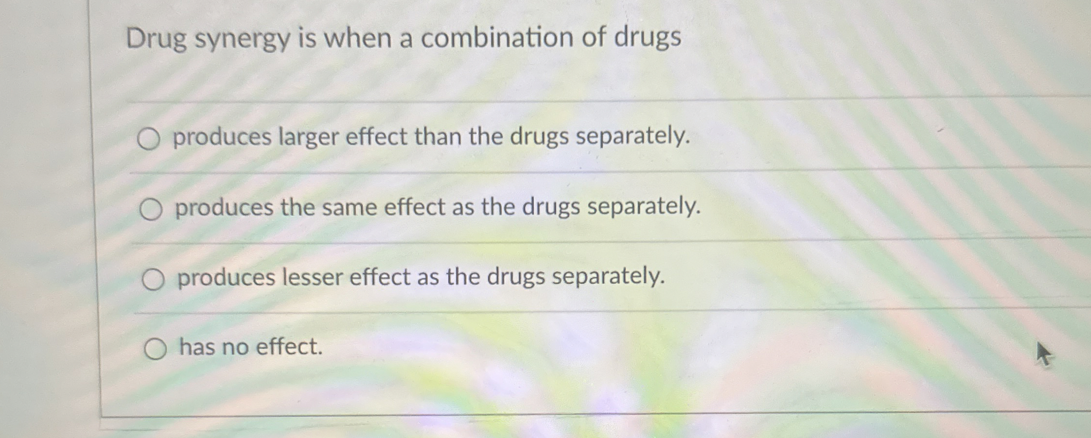 Solved Drug synergy is when a combination of drugsproduces