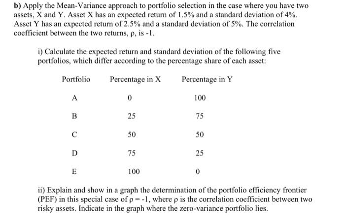 Solved B) Apply The Mean-Variance Approach To Portfolio | Chegg.com