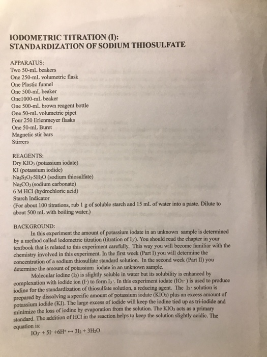 Solved DATA HANDLING IODOMETRIC TITRATION PARTS I & II 1.