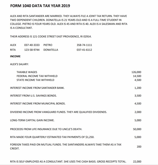 FORM 1040 DATA TAX YEAR 2019 ALEX AND RITA SANTANDER | Chegg.com