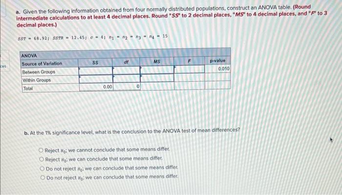Solved a. Given the following information obtained from four | Chegg.com