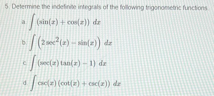 Solved 5. Determine the indefinite integrals of the | Chegg.com
