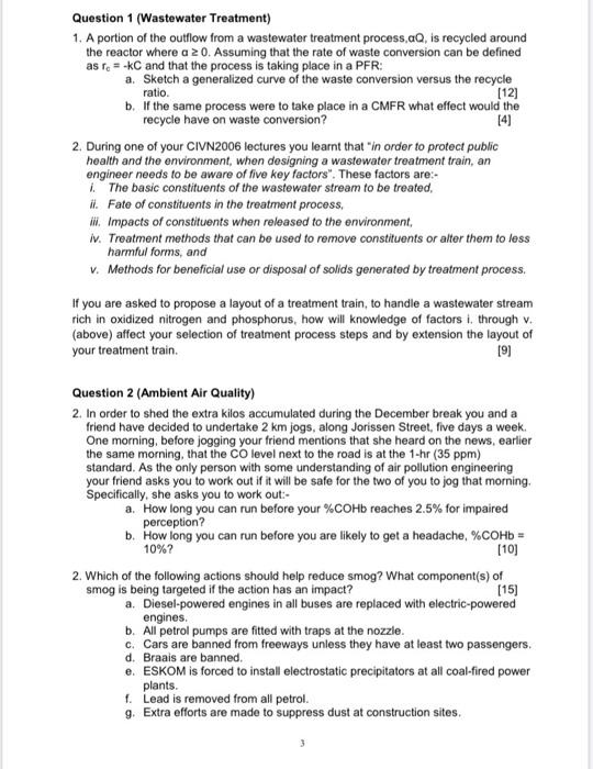 Solved (12) Question 1 (Wastewater Treatment) 1. A portion | Chegg.com