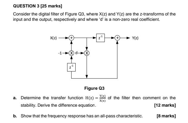 Solved QUESTION 3 [25 marks] Consider the digital filter of | Chegg.com