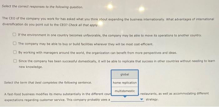 Solved Select The Correct Responses To The Following | Chegg.com