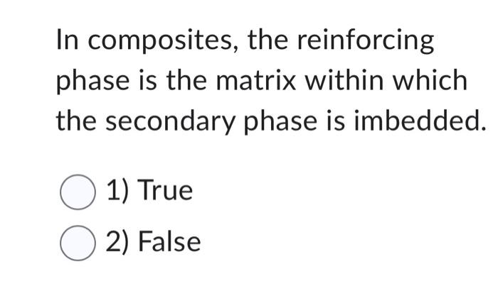 Solved In composites, the reinforcing phase is the matrix | Chegg.com