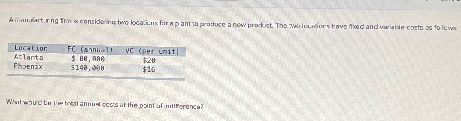 Solved A Manufacturing Firm Is Considering Two Locations For | Chegg.com