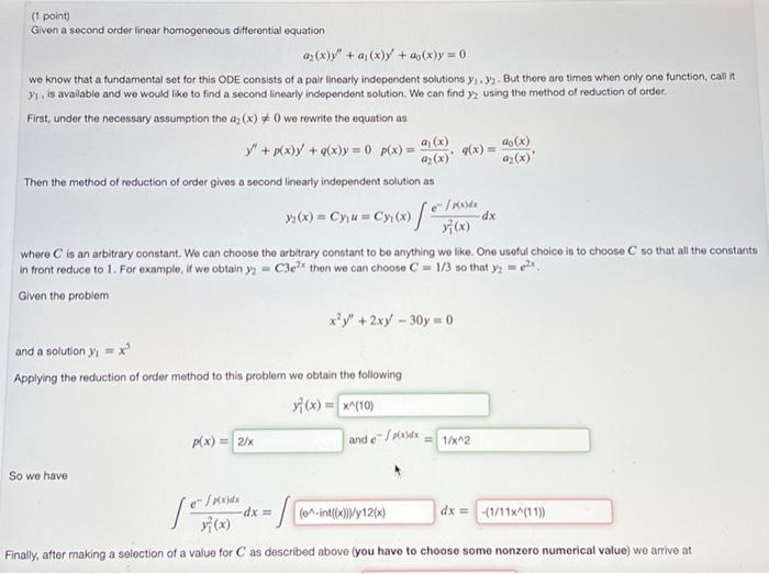 Solved 1 Point Given A Second Order Linear Homogenoous