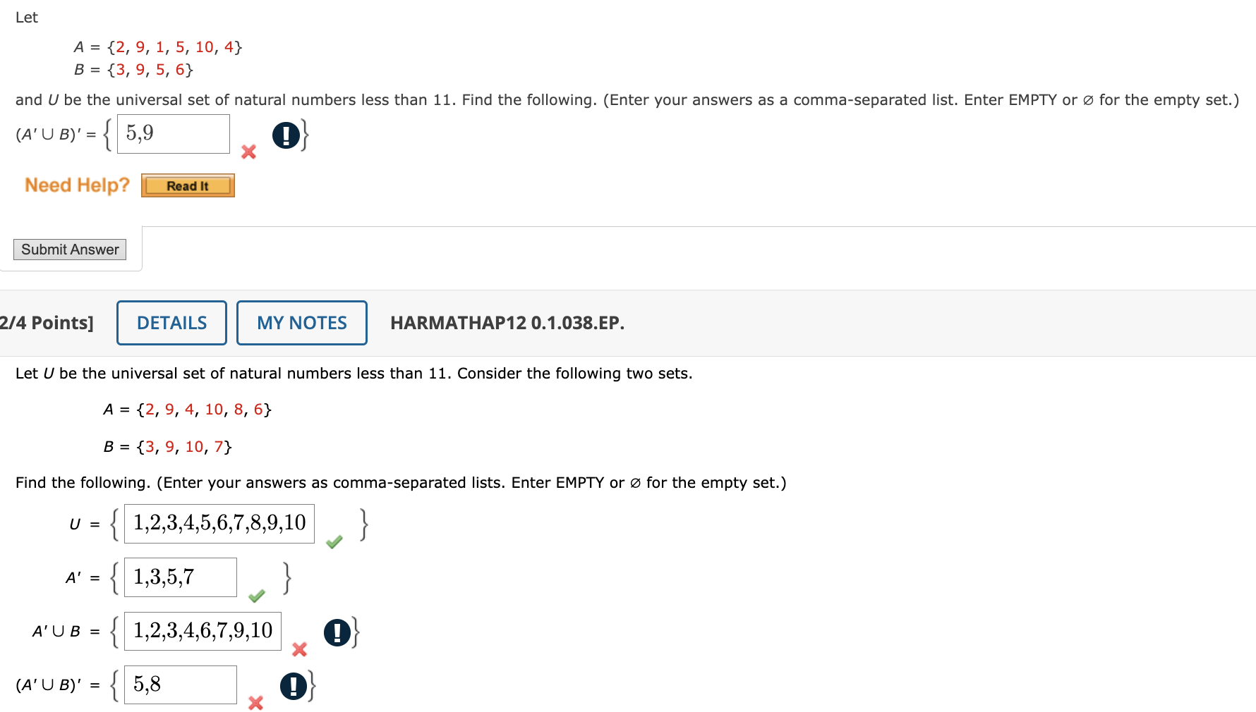 Solved LetA={2,9,1,5,10,4}B={3,9,5,6}and U be the universal | Chegg.com